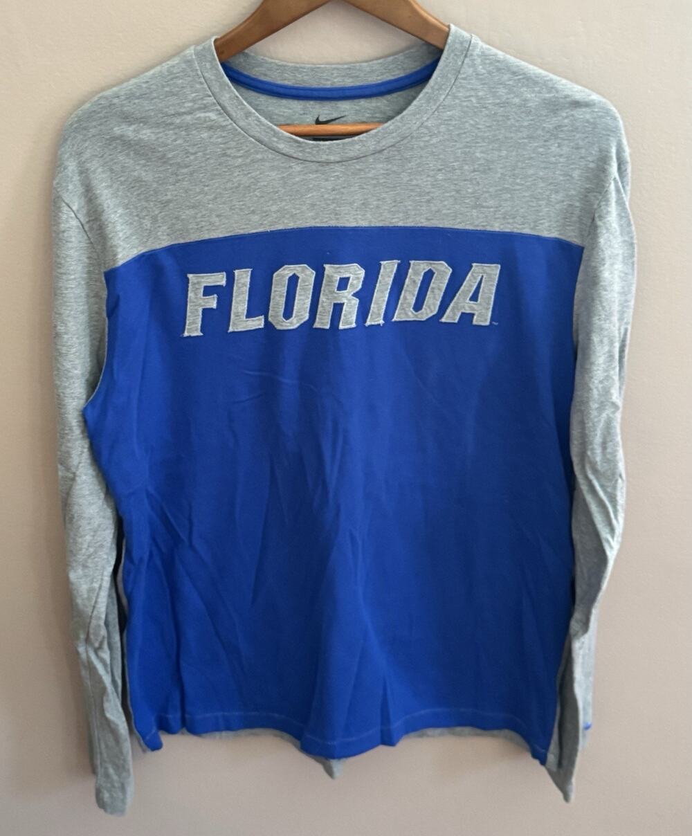 Nike Florida Gators Shirt Mens L Gray Blue Long Sleeve Spell Out UF Football